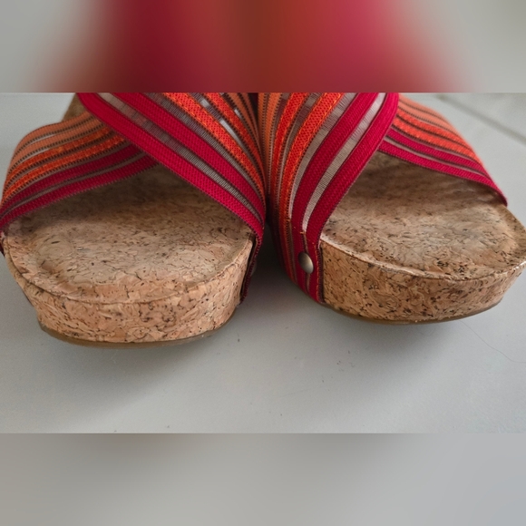 Lucky Brand Cork Wedge Sandals Strappy Boho Slides Size 7.5 8 Multicolor Orange - Picture 7 of 8